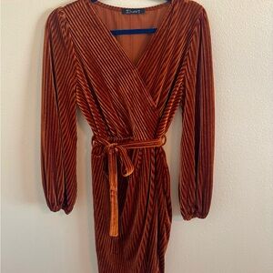 Simplee Apparel Velvet Wrap Dress in Rusty Brown/Orange